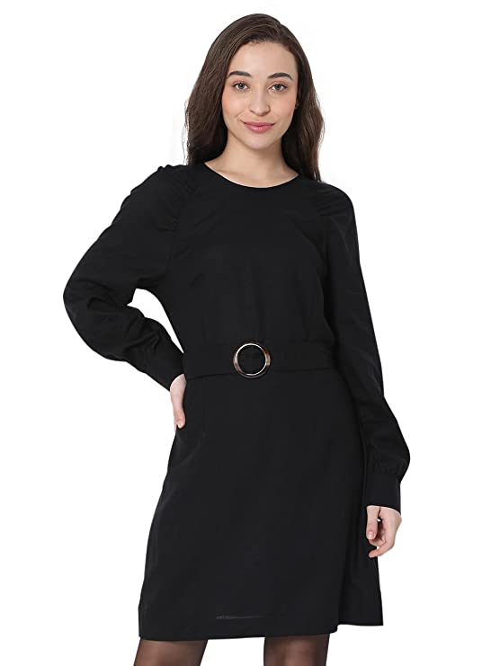 Kimiku Solid Viscose Round Neck Womens Mini Dress - Image 2
