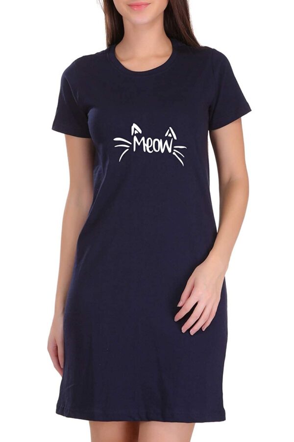 Sets |Meow| Graphic Printed Bio-Washed Pure Cotton Knee Length T-Shirt Dress for Women and Girls | - Image 2