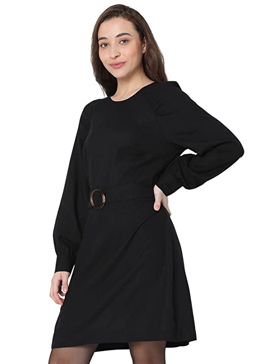 Kimiku Solid Viscose Round Neck Womens Mini Dress - Image 3