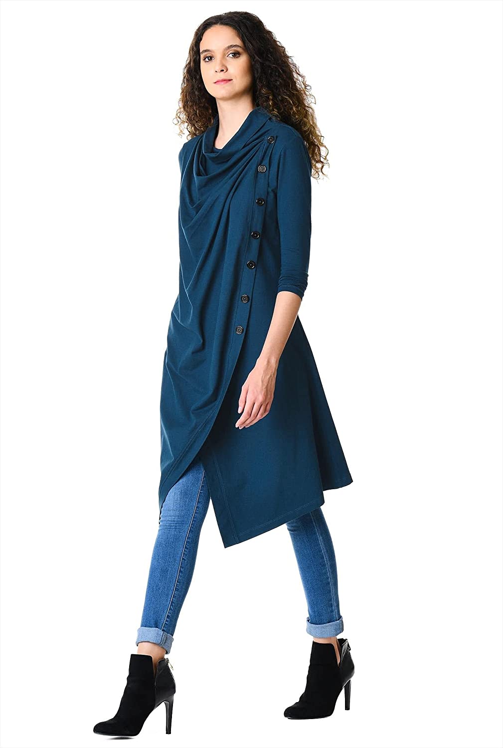 Zeps Clothing | Women's Cowl Neck Cotton Knit Asymmetric Wrap Tunic | Blue