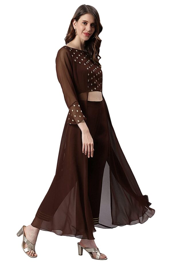 Jana Women's Brown Georgette Ethnic Motifs Top with Pant - Image 4