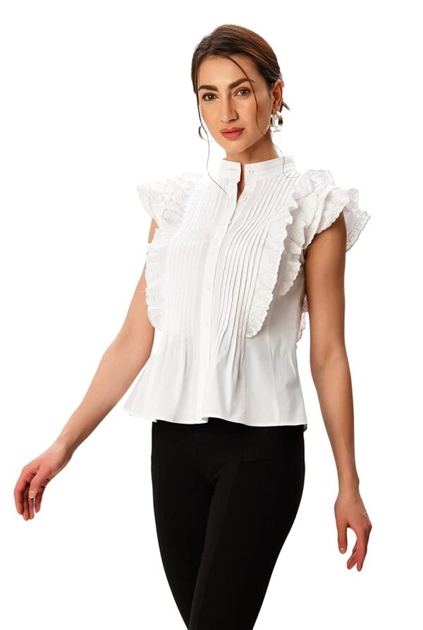 Zeps Clothing | Women's Embroidery Ruffle Pintuck Pleat Cotton Poplin Blouse | White - Image 3