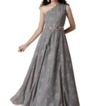 Indya Women's Grey Kurta Foil One Shoulder Belted Maxi