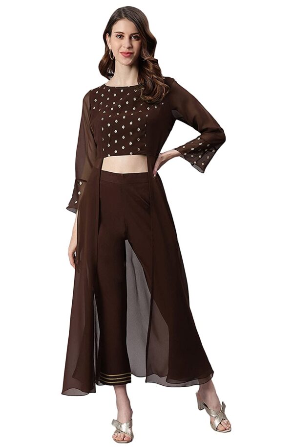 Jana Women's Brown Georgette Ethnic Motifs Top with Pant - Image 2