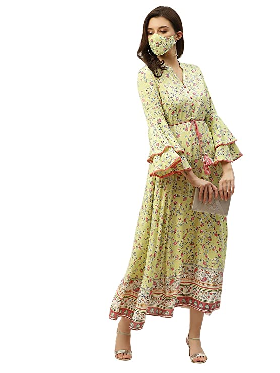 Arohiya Women's Rayon Floral Print Flared Dress with Tie-Up Dori & Mask - Image 2