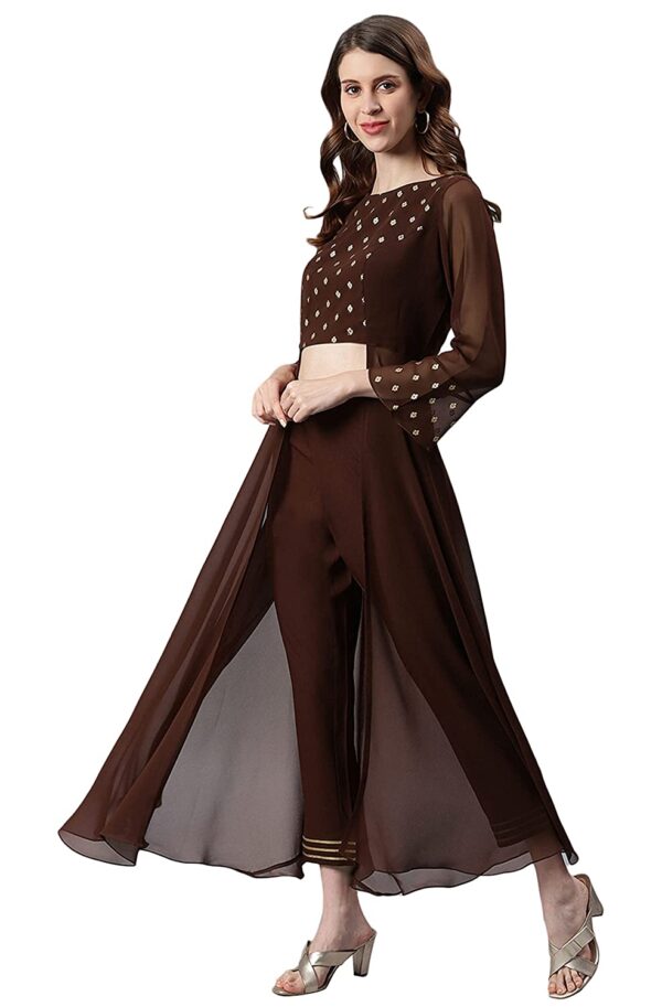 Jana Women's Brown Georgette Ethnic Motifs Top with Pant - Image 3