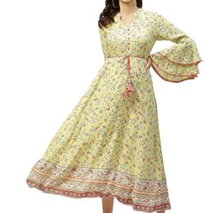 Arohiya Women's Rayon Floral Print Flared Dress with Tie-Up Dori & Mask