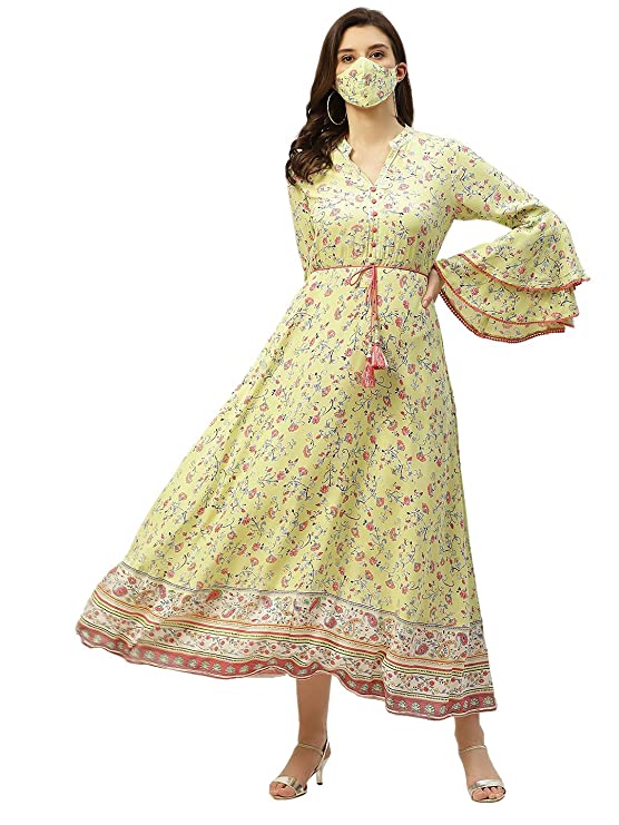 Arohiya Women's Rayon Floral Print Flared Dress with Tie-Up Dori & Mask