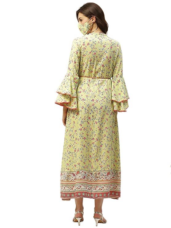 Arohiya Women's Rayon Floral Print Flared Dress with Tie-Up Dori & Mask - Image 3