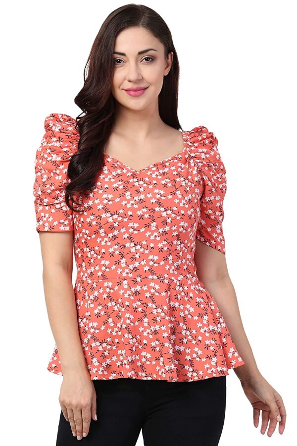 Venico Women's Rayon Floral Peplum Top with Princess Sleeve; Office wear, Summer Wear