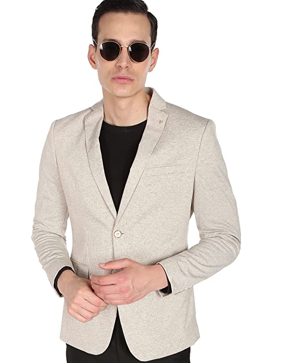 Arroy Head Men Beige Heathered Dobby Weave Formal Blazer