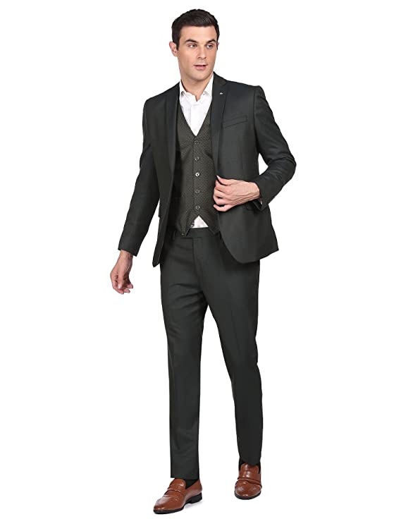 Arrow Men Olive Tailored Regular Fit Self Designed Three Piece Suit - Image 3